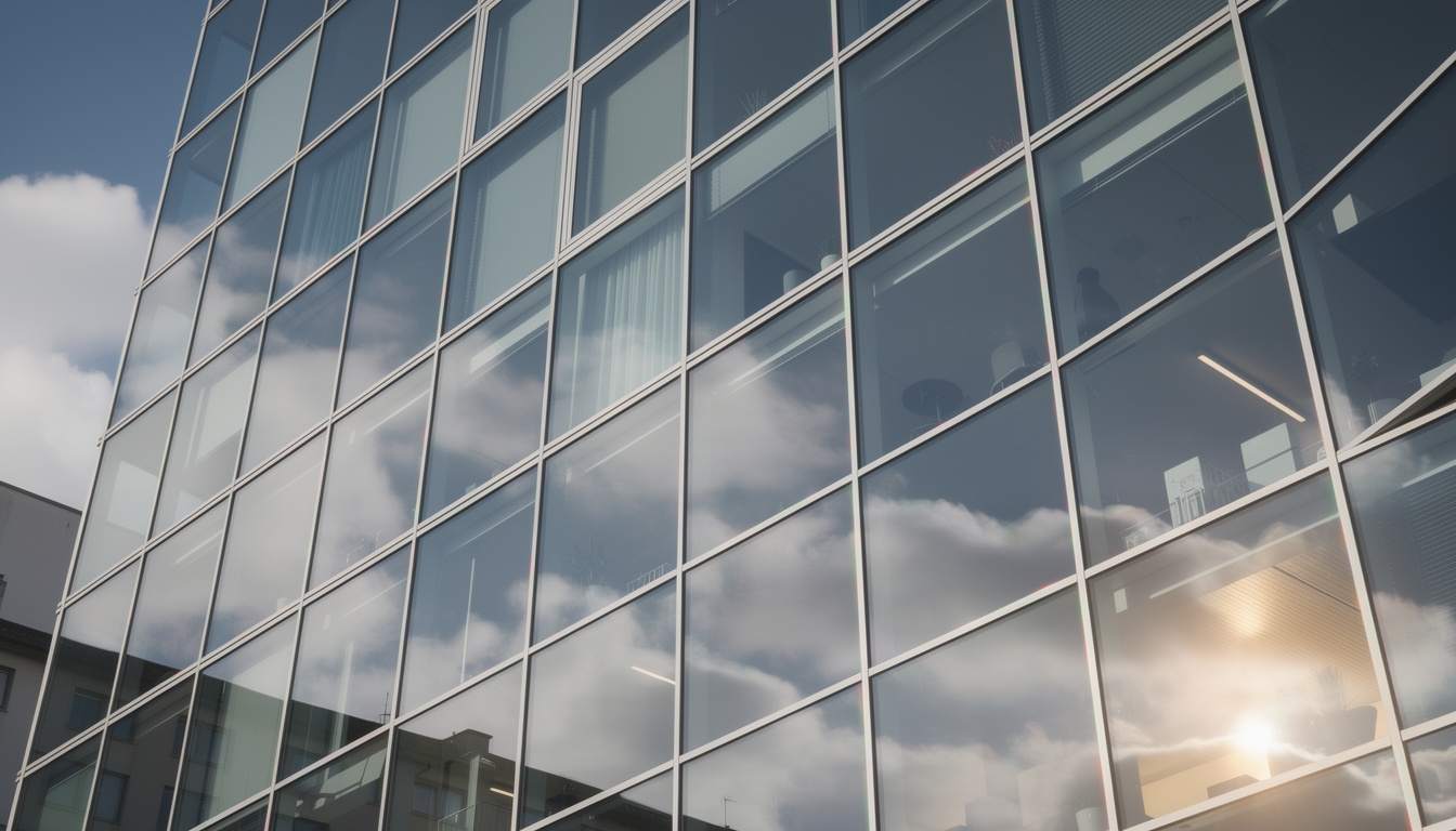 Moderne Glasfassade eines Bürogebäudes in München