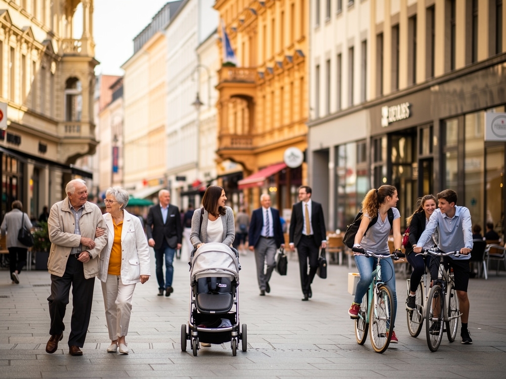 Lebhafte Stadtstraße mit Menschen verschiedener Generationen