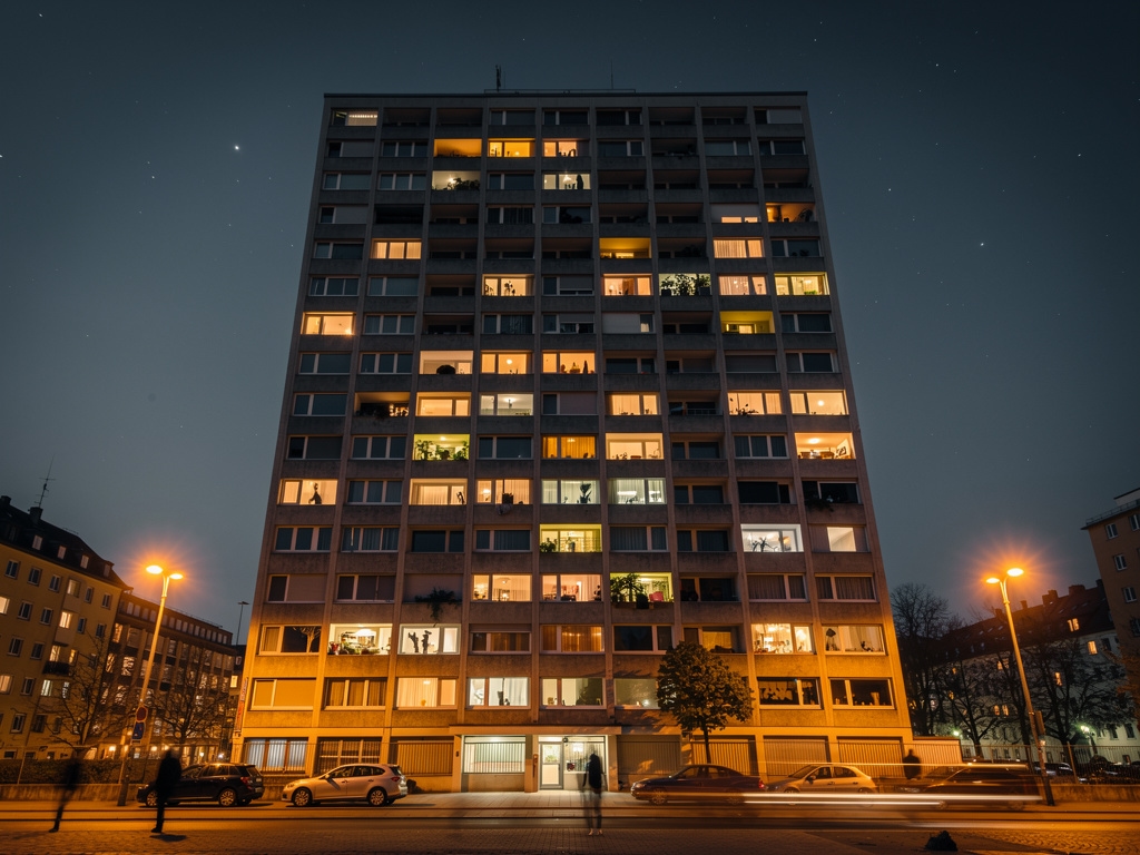 Beleuchtetes Wohnhochhaus in Stuttgart bei Nacht